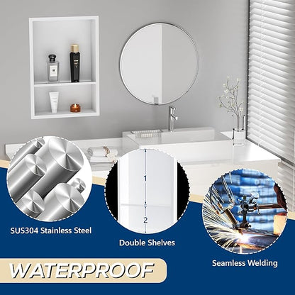 Stainless Steel Shower Niche 18" X 12", No Tile Needed Wall Niche Double Shelves, Recessed Shower Shelf for Bathroom Storage, Matte White
