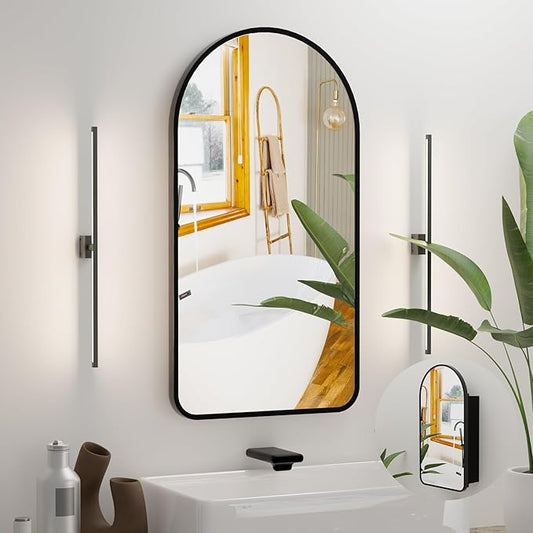 Arched Bathroom Medicine Cabinet with Mirror, No Assembly Needed, Recessed or Surface Mount Wall Storage Cabinet, Mirror Cabinet with Tissue Slot & 2X Magnifying Mirror (Black, 29.5"L x 15.7"W)