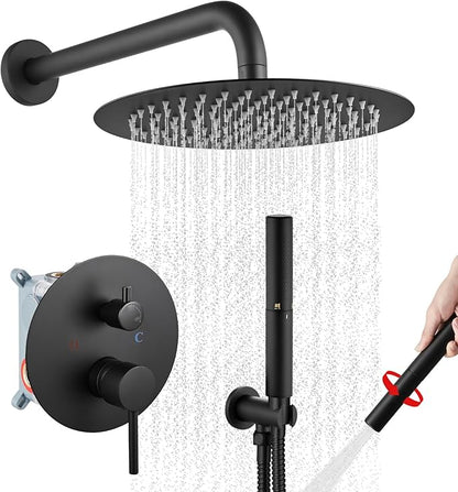 Airuida Shower Fixtures 2 Functions Shower Faucet Set Wall Mounted for Bathroom High Pressure Brass Handheld Shower with Rough-in Valve Round Rainfall 10 Inch Shower Head Matte Black