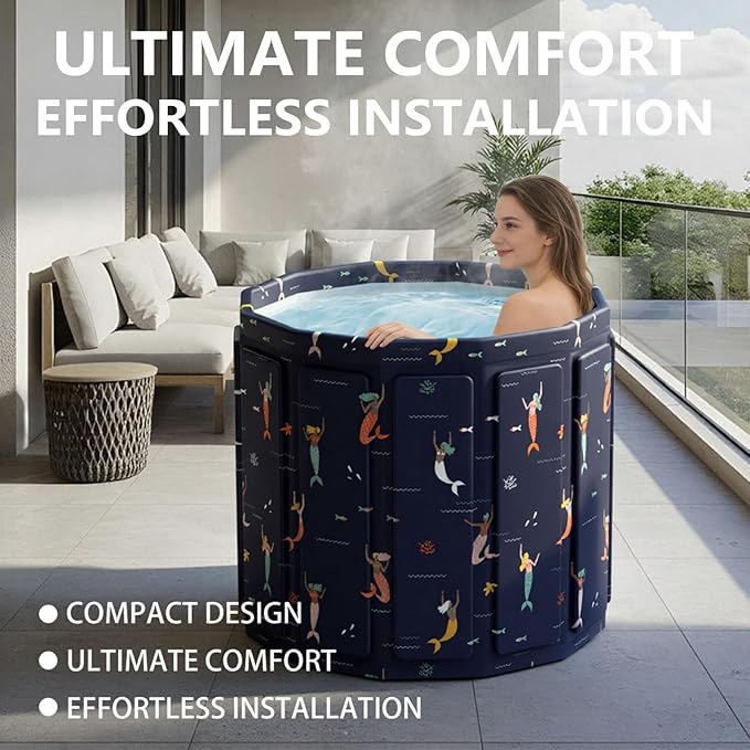 Portable Bath Tub for Adult, Foldable Soaking Bathtub for Hot SPA&Ice Bath, Foldable Small Bathtub Collapsible Tub for Bathing, Quick Setup No Installation, Space-Saving Storage (25.9X27.5IN,BlueFish)