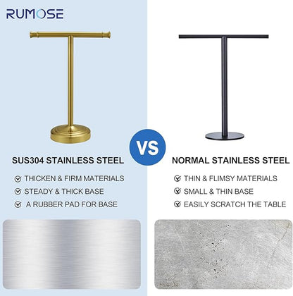RUMOSE 13 Inch Brushed Gold Towel Stand Hand Towel Holder Bathroom Kitchen Vanity Countertop T-Shape Towel Rack Free Standing Stainless Steel Towel Bar Towel Ring