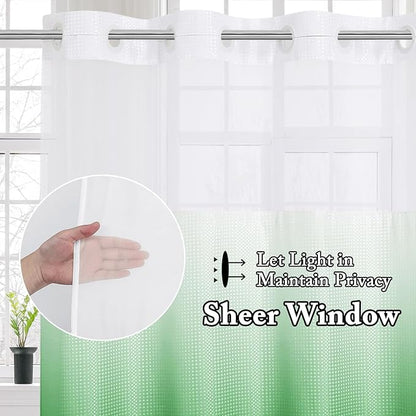 Gibelle No Hook Waffle Weave Shower Curtain with Snap-in Fabric Liner Set for Bathroom, Hotel Style with Mesh Top Window, Waterproof & Washable, Ombre Emerald Green, 72x74