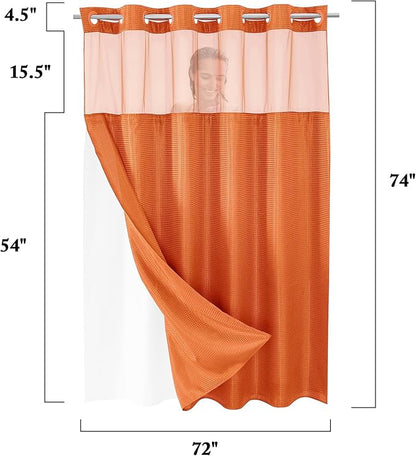 Gibelle No Hook Waffle Weave Shower Curtain with Snap-in Fabric Liner Set for Bathroom, Hotel Style with Mesh Top Window, Waterproof & Washable, Burnt Orange, 72x74
