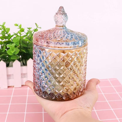 Colorful Home Decorative Jar Qtips Holder Dispenser Glass Storage Container Bathroom Counter Vanity Organizer for Bath Salts/Swabs/Rounds Makeup Sponges Toothpick Jewelry (Rainbow, 10 oz,