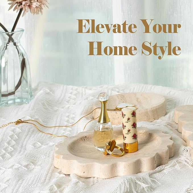 Koville Travertine Jewelry Tray, 5.51" Round Trinket Dish for Ring Necklace Earring Perfume, Natural Scalloped Decorative Tray for Countertop Bathroom Kitchen Dresser, Beige Stone Tray