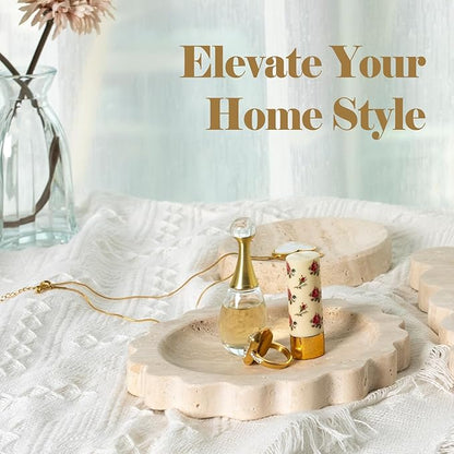 Koville Travertine Jewelry Tray, 5.51" Round Trinket Dish for Ring Necklace Earring Perfume, Natural Scalloped Decorative Tray for Countertop Bathroom Kitchen Dresser, Beige Stone Tray