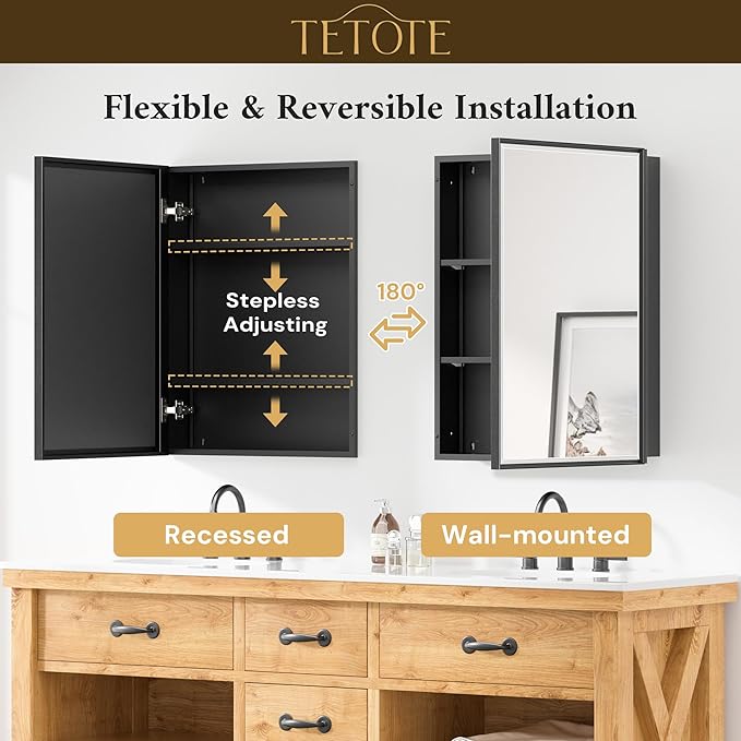 TETOTE 16" x 24" Medicine Cabinet with Beveled Mirror Black Framed Recessed Medicine Cabinet for Bathroom with Stepless Adjustable Shelves Wall-Mounted