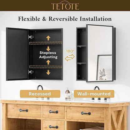 TETOTE 16" x 24" Medicine Cabinet with Beveled Mirror Black Framed Recessed Medicine Cabinet for Bathroom with Stepless Adjustable Shelves Wall-Mounted