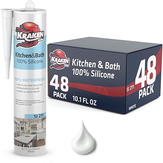 Kraken Bond Premium Kitchen and Bathroom Silicone Caulk White - (2x10.1 fl.oz) RTV White Caulking Silicone Waterproof for Kitchen, Bathroom, Shower, Sink, Anti Shrink 100% Silicone Caulking | 48 Pack
