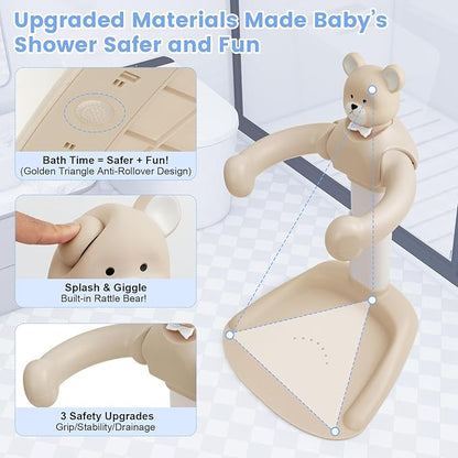 Adjustable Baby Shower Stand with Slip Base,Huggable Bear Bathing Support,Portable Shower Baby Stand,Bath Standing Shower with Toy Little Duck, Baby Bath Seat(Caramel)