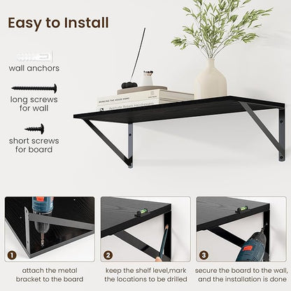 Fun Memories Deep Floating Shelves for Wall, 24W x 8D Wall Mounted Shelves Set of 2, Wide Display Ledge Shelf with Sturdy Metal Brackets for Living Room, Bathroom, Bedroom and Kitchen, Black