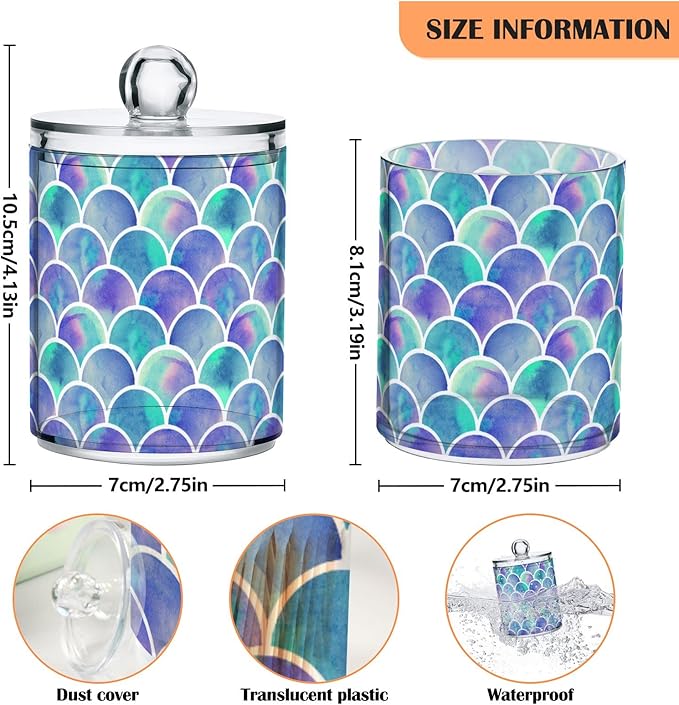 MNSRUU 2 Pack Qtip Holder Organizer Dispenser Watercolor Rainbow Scales Of Mermaid Bathroom Storage Canister Cotton Ball Holder Bathroom Containers for Cotton Swabs/Pads/Floss