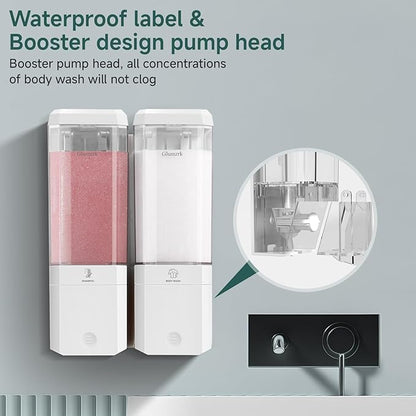 Shampoo and Conditioner Dispenser Wall Mounted No Drill, Shower Soap Dispenser 2 Chamber Shampoo Conditioner Body Wash Refillable 2 * 17oz Shower Soap Dispenser for Bathroom Hotel, White+Clear