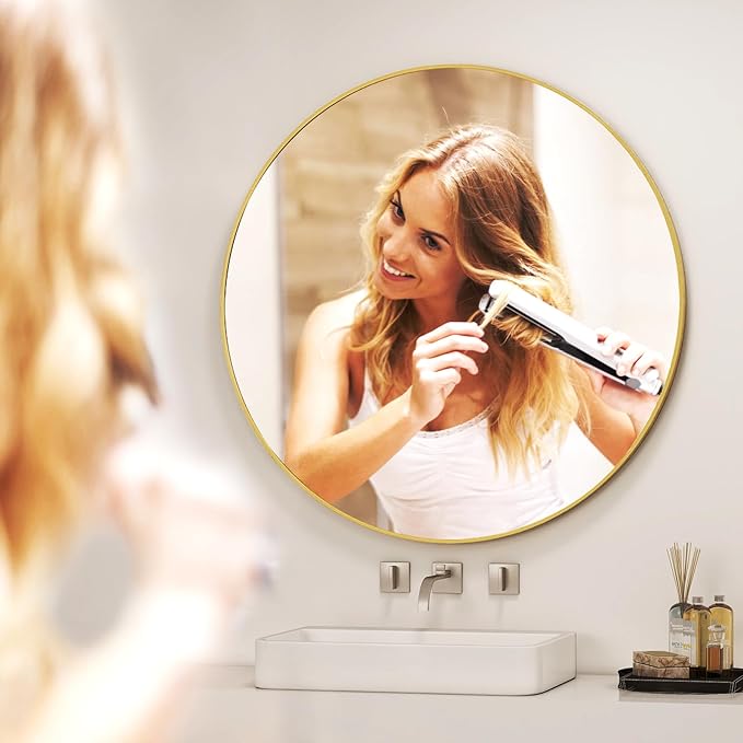 32 Inch Round Bathroom Mirror - Black Wall Mounted Circle Mirror with Metal Frame, Modern Round Hanging Mirror Suitable for Bathroom, Vanity, Entryway, Living Room