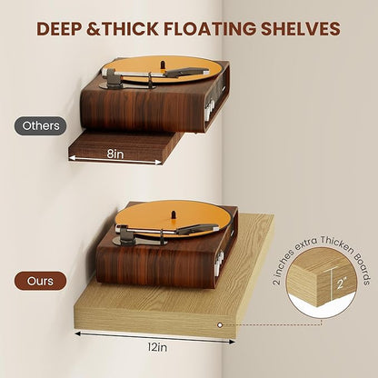 Vivelove 12 Inch Deep Floating Shelves 55 inch Long, 2 Inch Thick Wall Shelves with Invisible Brackets, Shelf for Bedroom Bathroom Living Room Kitchen Office Home Decor, Modern Shelf Set of 2, Oak