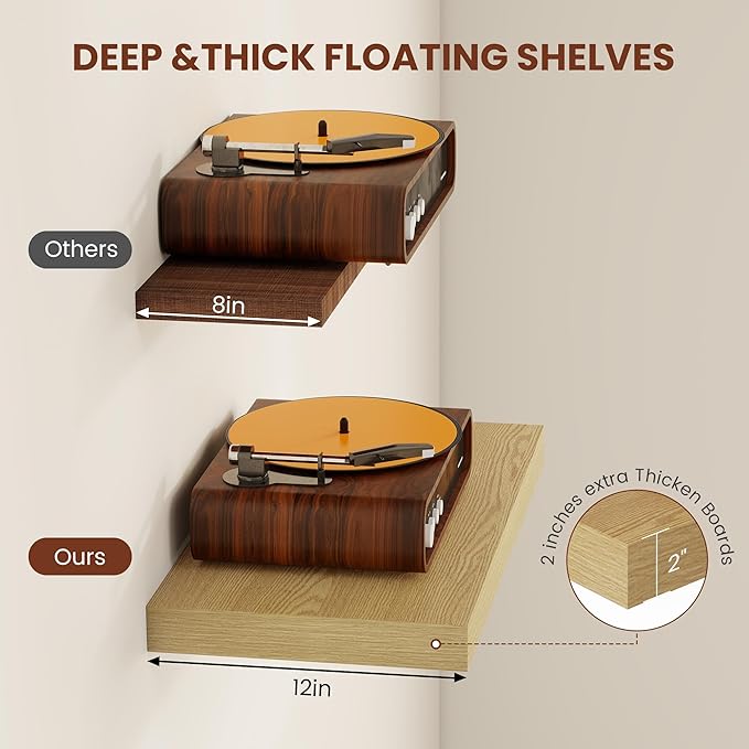 Vivelove 12 Inch Deep Floating Shelves 24 inch Long, 24 x 12 Wide Wall Shelves with Invisible Brackets, Shelf for Bedroom Bathroom Living Room Kitchen Office Home Decor, Modern Shelf Set of 2, Oak