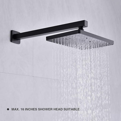 Matte Black Shower Arm with Flange 16 Inch Wall Mounted Extension Arm for Bathroom Rainfall Shower Head, Stainless Steel, Square Shaped