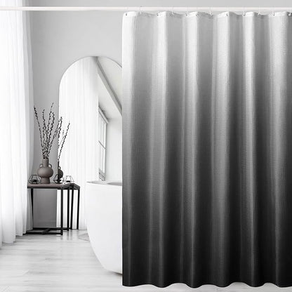 Gibelle Black Shower Curtain, Waffle Weave Ombre Fabric Shower Curtain for Bathroom, Black and White Gradual Color Washable Cloth Bathroom Curtains Shower Set with Hooks, 72 x 72