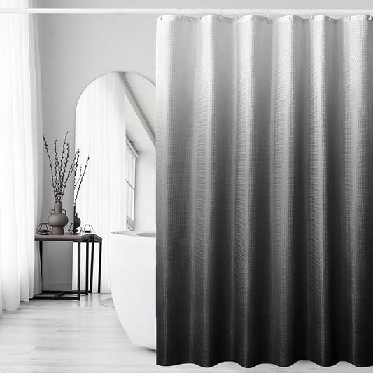 Gibelle Black Shower Curtain, Waffle Weave Ombre Fabric Shower Curtain for Bathroom, Black and White Gradual Color Washable Cloth Bathroom Curtains Shower Set with Hooks, 72 x 72