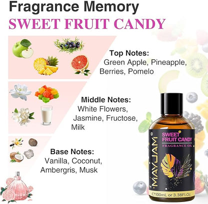 Sweet Fruit Candy Fragrance Oil Essential Oil, MAYJAM 3.38FL.OZ Sweet Fruit Candy Oil for Diffusers for Home, Long Lasting Scented Oils for Soap Candle Making - 100ML