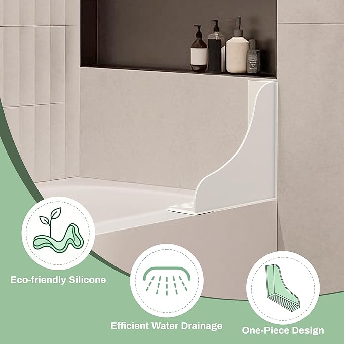 No-Adhesive 2-Pack All-Silicone Shower Splash Guard with Strong Suction Cups, Reusable Bath Tub Corner Water Blocker for Secure Seal&Easy Removal，Keep Water in Shower or Bath, One-Piece Design, White