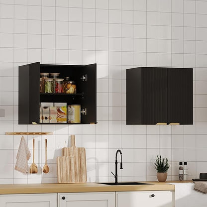 ChooChoo Bathroom Wall Cabinet, Kitchen Storage Cupboard Cabinet with 2 Doors, Fluted Laundry Room Cabinet for Bathroom, Kitchen, Garage, Black