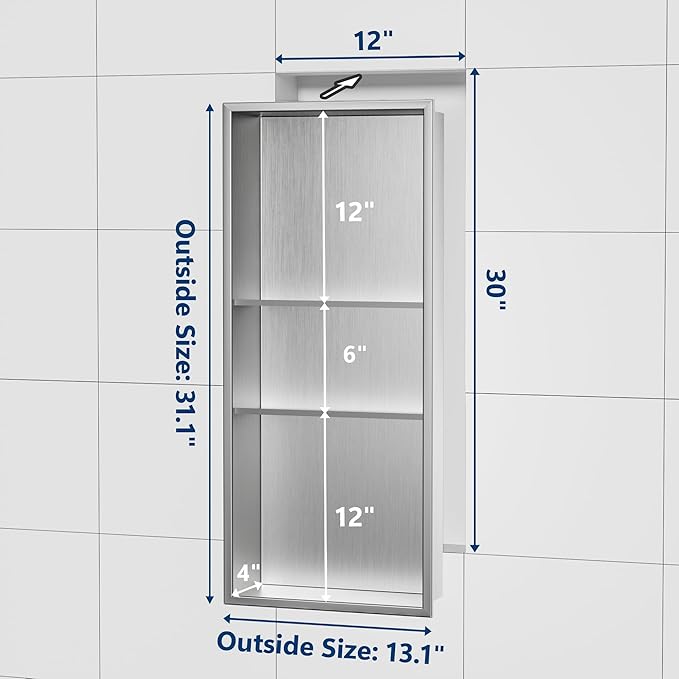 Neodrain 12X30 in Shower Niche, 3 Layers Brushed Wall Niche Stainless Steel Recessed Cubby NO Tile Needed Recessed Niche Shower for Bathroom Storage
