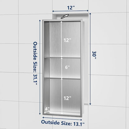 Neodrain 12X30 in Shower Niche, 3 Layers Brushed Wall Niche Stainless Steel Recessed Cubby NO Tile Needed Recessed Niche Shower for Bathroom Storage