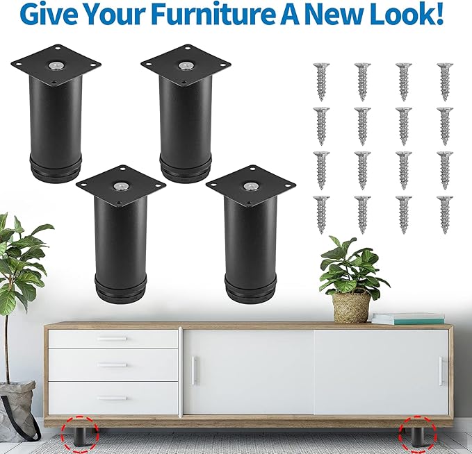 5 Inch Metal Furniture Legs Stainless Steel Adjustable Legs Black Metal Legs Round Cabinet Legs for Coffee Table Cabinet Desk Sofa Shelves, Pack of 4