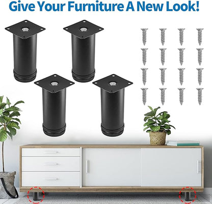 5 Inch Metal Furniture Legs Stainless Steel Adjustable Legs Black Metal Legs Round Cabinet Legs for Coffee Table Cabinet Desk Sofa Shelves, Pack of 4
