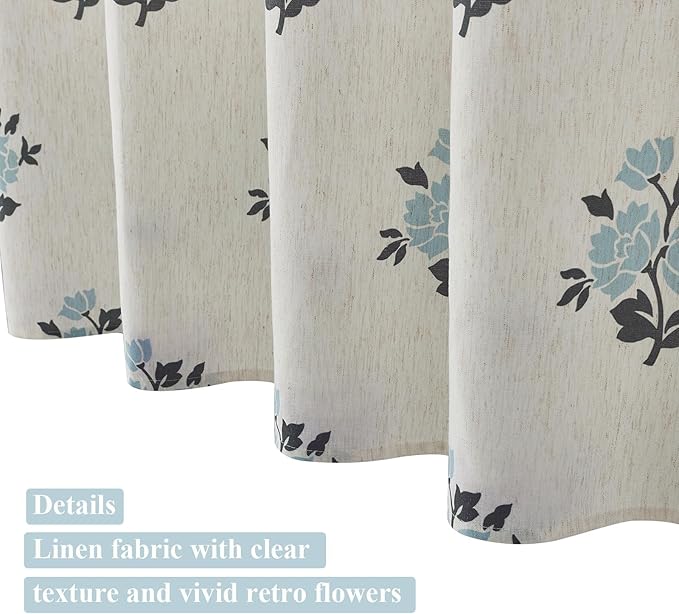 ORTIGIA Linen Blue Shower Curtains for Bathroom Boho Farmhouse Block Print Shower Curtain Set with Metal Hooks Floral Waterproof Aesthetic Rustic Fabric Bath Curtain for Home, Weighted, 72x72