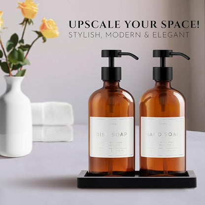 Lotion, Hand & Dish Soap Dispenser for Kitchen Sink - Bathroom Soap Dispenser Set of 2 16.8 Oz Glass Bottles with Stainless Steel Pump, 15 Water Proof Labels & Silicon Tray (Amber/Black)