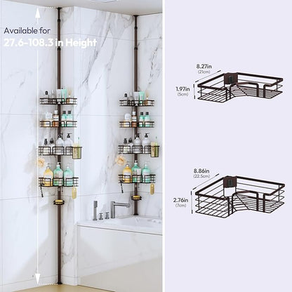 SWTYMIKI Shower Caddy Tension Pole - 4-Tier Corner Shower Organizer Tension Rod with Soap Holder, Toothbrush Holder & 4 Hooks, Adjustable Stainless Steel Bathroom Organizer 27.6 to 108.3 inch, Bronze