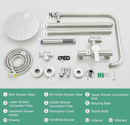Rain Shower System Outdoor Shower Fixtures with 8" Rain Shower Head Handheld Sprayer Single Handle Wall Mounted Bathroom Shower Faucet Set Brushed Nickel for Bathroom or Backyard
