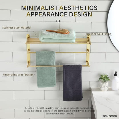 KOKOSIRI 3 Tier Bath Towel Rack 24 Inch Wall Mounted Rack with Towel Bars Towel Shelf with Single Towel Bar Bathroom Ladder Brushed Gold B5003BG
