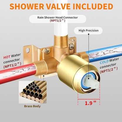 Brushed Gold Shower Faucet Single Function Trim Kit with Rough-in Valve Set Bath Rainfall Shower System 8inch Square Stainless Steel Metal Shower Head