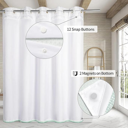 MitoVilla No Hooks Needed Turquoise Extra Long Shower Curtain Liner Set, 86 inch XL Teal Ombre Heavyweight Waffle Fabric Cloth Shower Curtains with Snap-in Liner for Modern Luxury Hotel Bathroom Decor