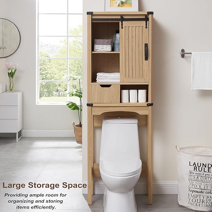 Over The Toilet Storage Cabinet, Farmhouse Storage Cabinet with Adjustable Shelves and Sliding Barn Door, Free Standing Over Toilet Bathroom Organizer (Natural Oak)