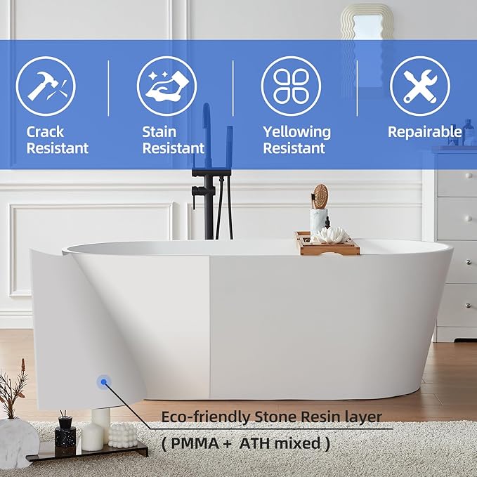 Cpingao 63" Stone Resin Freestanding Bathtub, Modern Oval Solid Surface Soaking Stand Alone Tub, Matte White, Drain & Overflow Included 8816-1600
