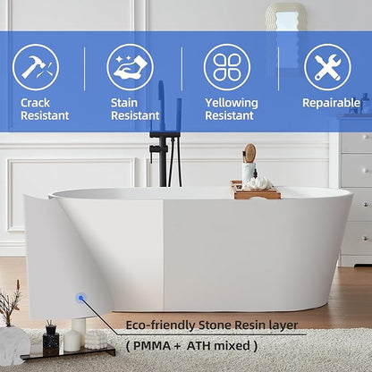 Cpingao 63" Stone Resin Freestanding Bathtub, Modern Oval Solid Surface Soaking Stand Alone Tub, Matte White, Drain & Overflow Included 8816-1600