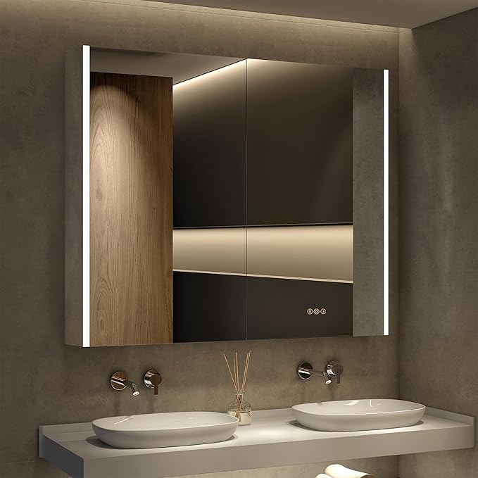 Medicine Cabinet with LED Lights and Mirror, 36 x 32 Inch Surface or Recessed Mounted Bathroom Cabinets with Door, Defogger, Memory Function, 3-Color Mode, Outlet&USB, Dimmer, Storage Shelf