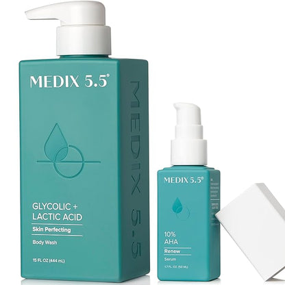MEDIX Glycolic Acid Exfoliating Body Wash KP Bump Eraser Cleanser + 10% Glycolic Acid Serum 2PC Skin Care Set | AHA Exfoliant Body Wash + Serum Refine & Soften Dead Dry Skin, Bumps, & Wrinkles, 2PC
