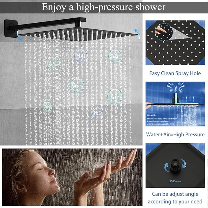 Shower Faucet Set Matte Black Shower System, Knob Switch Diverter Shower Faucet with High Pressure Handheld Spray, Wall Mount 12 Inch Shower Head with 6 Inch Wall Mount Shower Head