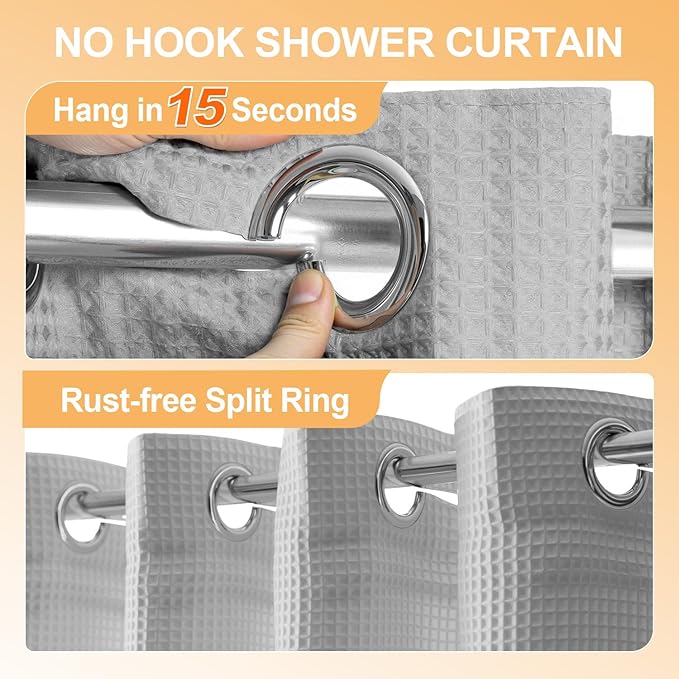 River Dream Extra Long No Hook Shower Curtain with Snap in Liner, Cotton Blend Shower Curtains for Bathroom, Hotel Grade, Water Repellent, Grey, 71" Wx86 L