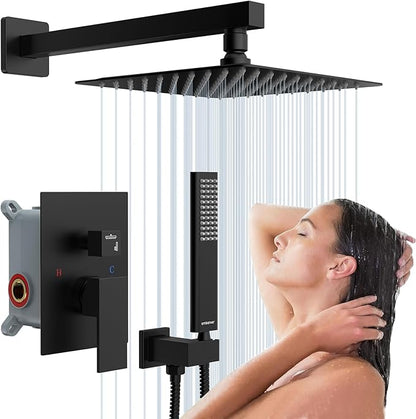 Black Shower System Sets Faucet: EMBATHER 10 Inch Overhead Rainhead Shower Combo Set with Handheld and Valve-Luxury Rain Mixer Rainfall Black Shower Faucets Sets Complete