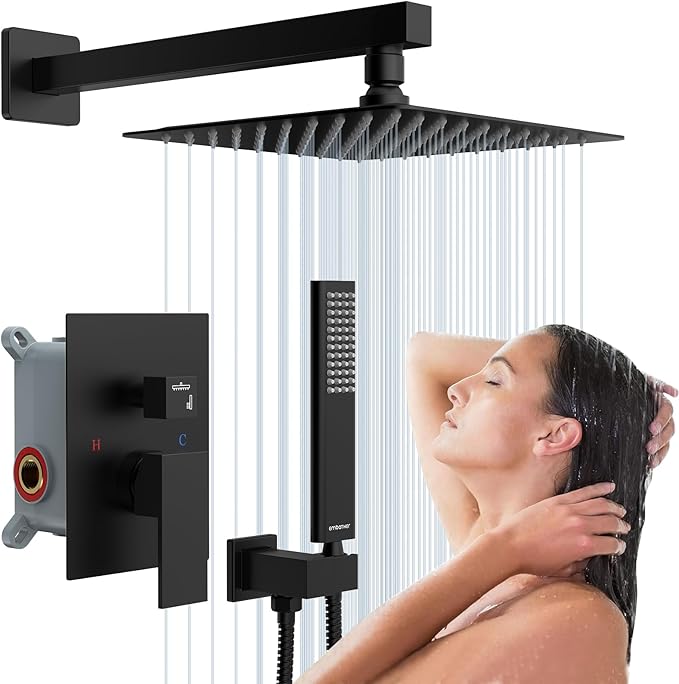 EMBATHER Shower System, High Pressure Wall Mounted Shower Faucet Set Complete 10 Inch Matte Black (Contain Rough-in Valve & Trim)