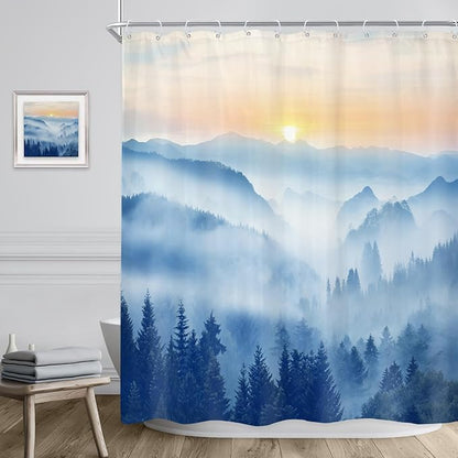 Riyidecor Misty Mountain Shower Curtain 60Wx72H Inch Blue Spring Scenery Sunrise Foggy Woodland Greenery Smokey Tree Nature Pine Scenic Bathroom Decor Fabric Polyester Waterproof 12 Pack Hooks