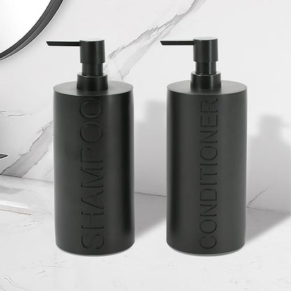 2-Pack Matte Black Resin Refillable Shampoo & Conditioner Bottles – Modern Bathroom Pump Dispenser Set, Durable Resin Shower Containers with Embossed Labels, Reusable Pump Bottle