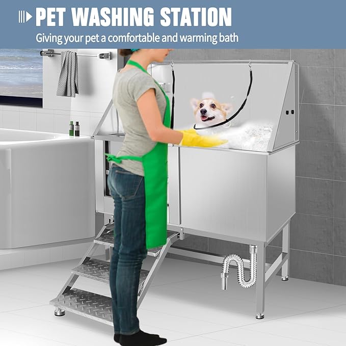Stainless Steel Dog Cat Pet Grooming Bath Tub (w/Faucet, Sprayer, Shampoo Rack)