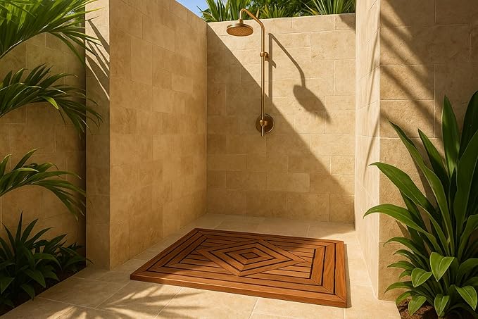 Designer Teak Shower Mat Large 31.5 X 19.5 Naturally Water-Resistant with Teak Oil Finish for Bathroom, Bath, Pool, Spa, Boat, Sauna, Patio, RV, Front Door from Our Diamond Collection